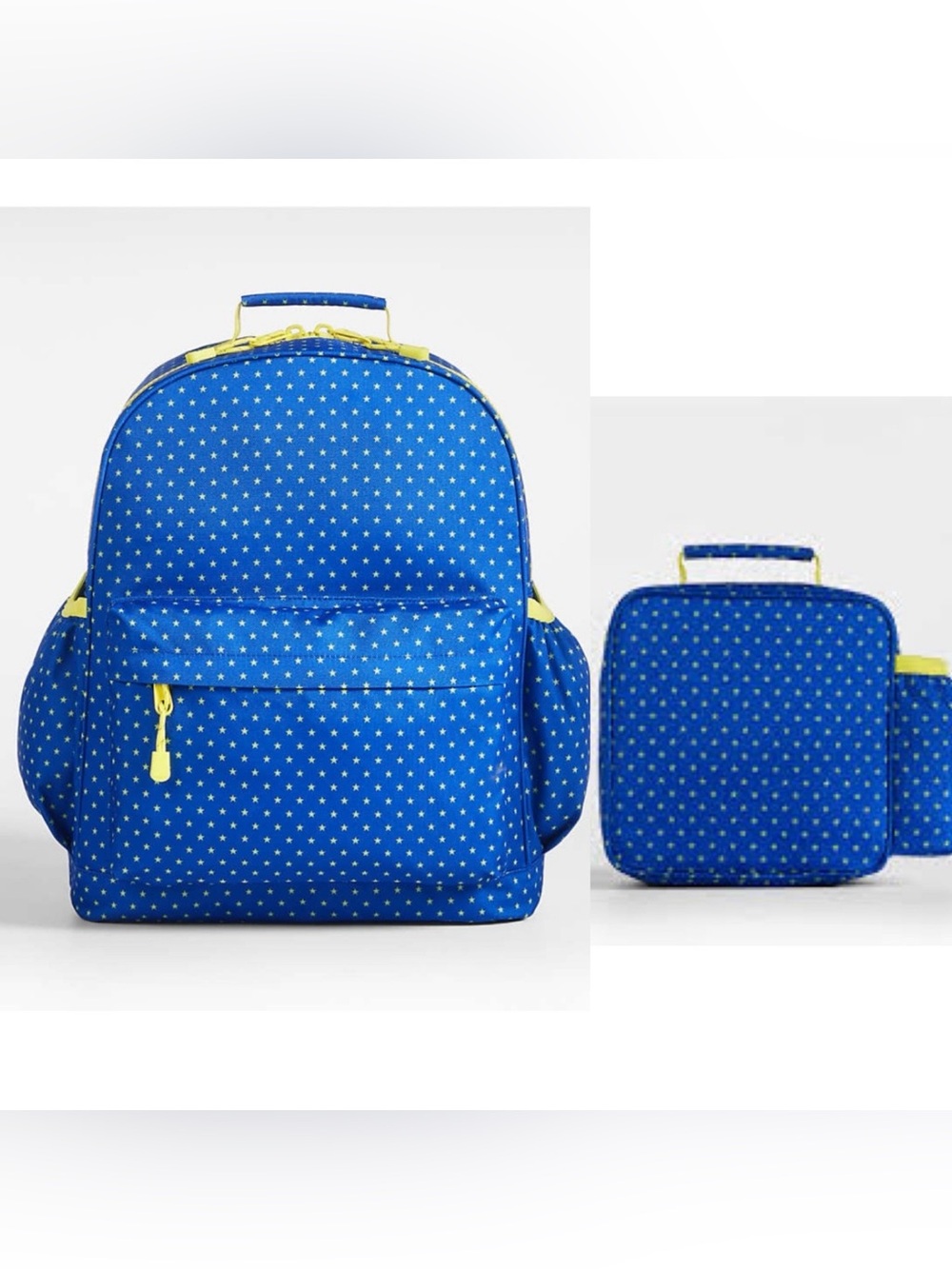 New Crate&Barrel Kids Blue and Yellow Stars Backpack and Lunch Bag set